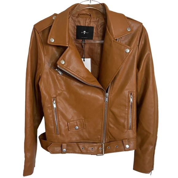 7 For All Mankind Moto Vegan Faux Leather Jacket Cognac Size Small - Picture 1 of 5